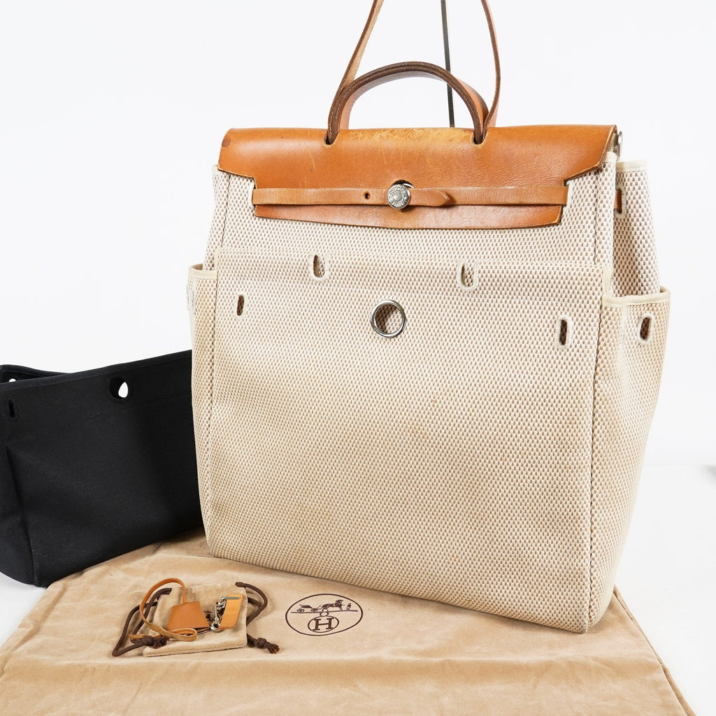 Hermes Herbag MM Toile Canvas Leather Beige 2way Handbag Bag 07E364950012