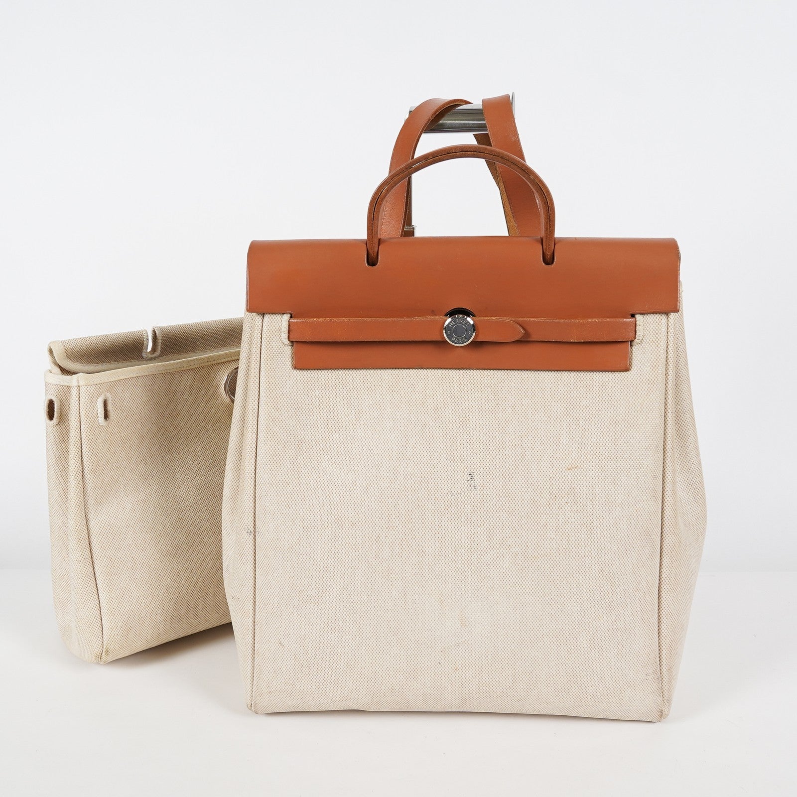 Hermes Herbag Ado PM Used Beige Canvas Brown Leather 2WAY Backpack 07A325834431