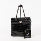 CHANEL CC Logo Chain Shoulder Tote Bag Patent Leather Black Vintage 03E255170011