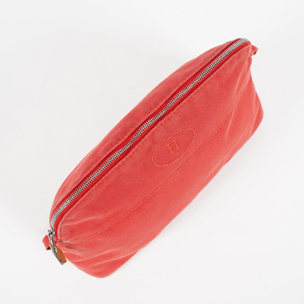 Hermes Bolide Pouch 27 Red Canvas Leather Trim Zip Cosmetic Bag Used 08E26825007
