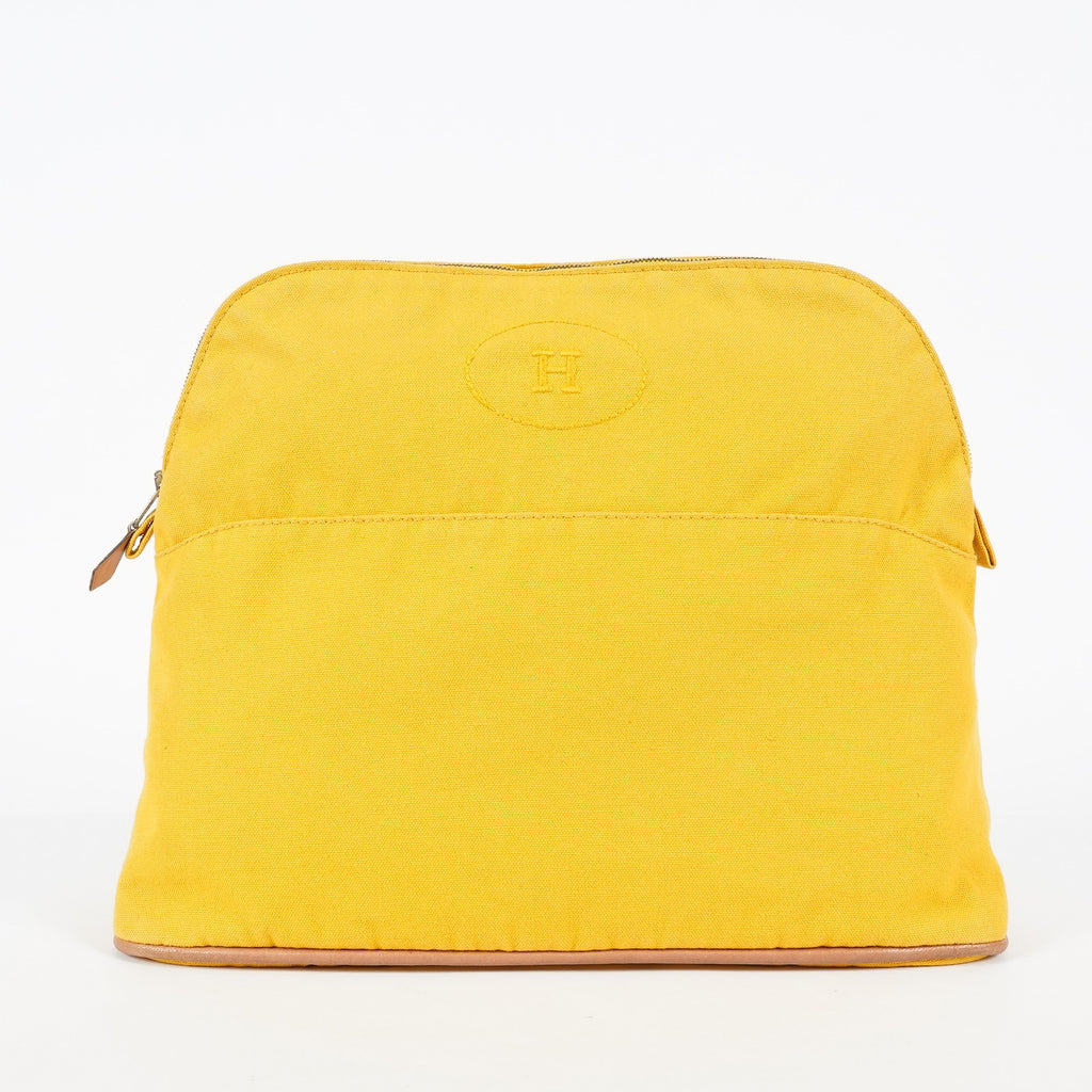 HERMES Bolide Pouch GM Yellow Canvas Leather Trim Zip Used Vintage 07A16495031