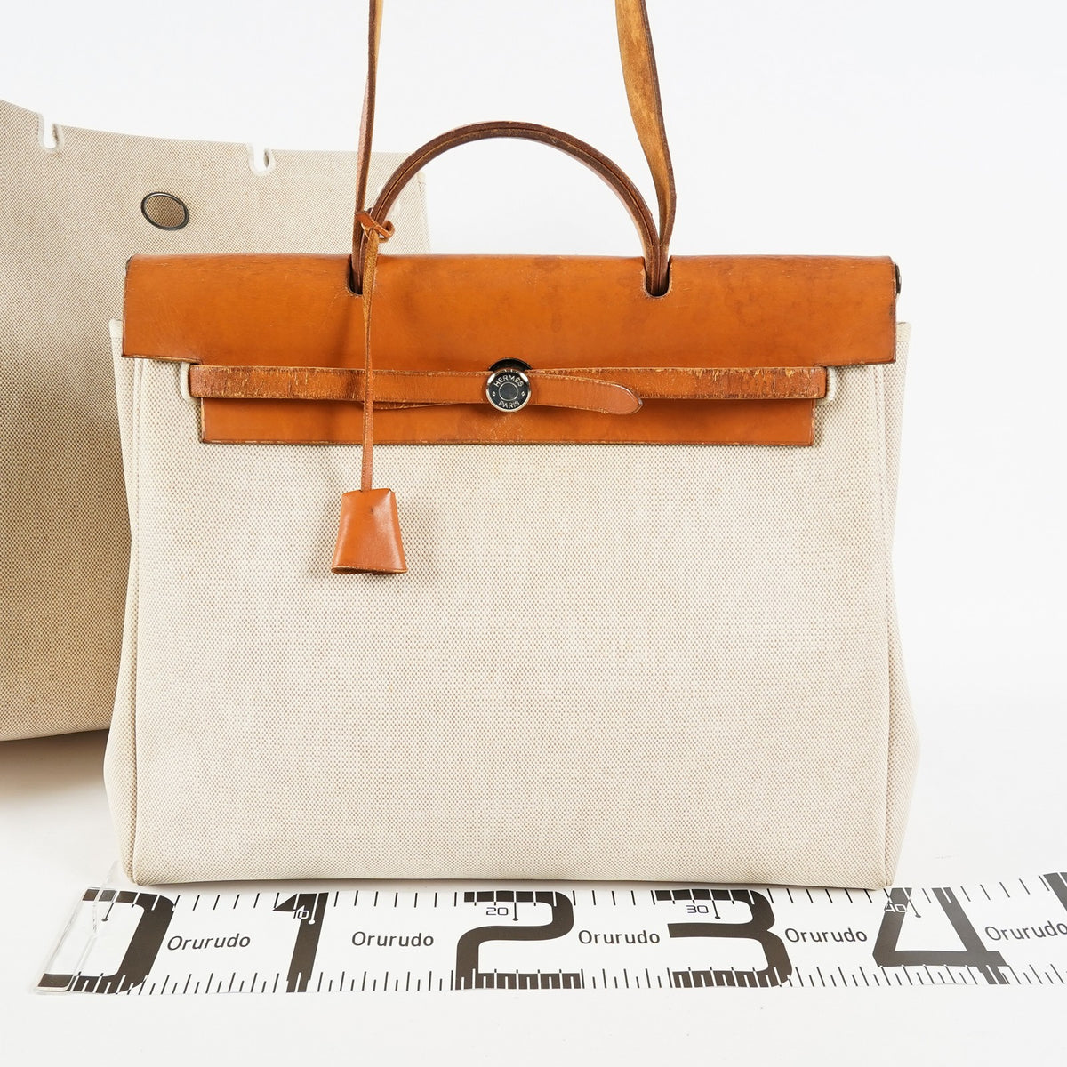 Hermes Herbag MM Beige Canvas Leather 2way Shoulder Handbag Used 09E185940006