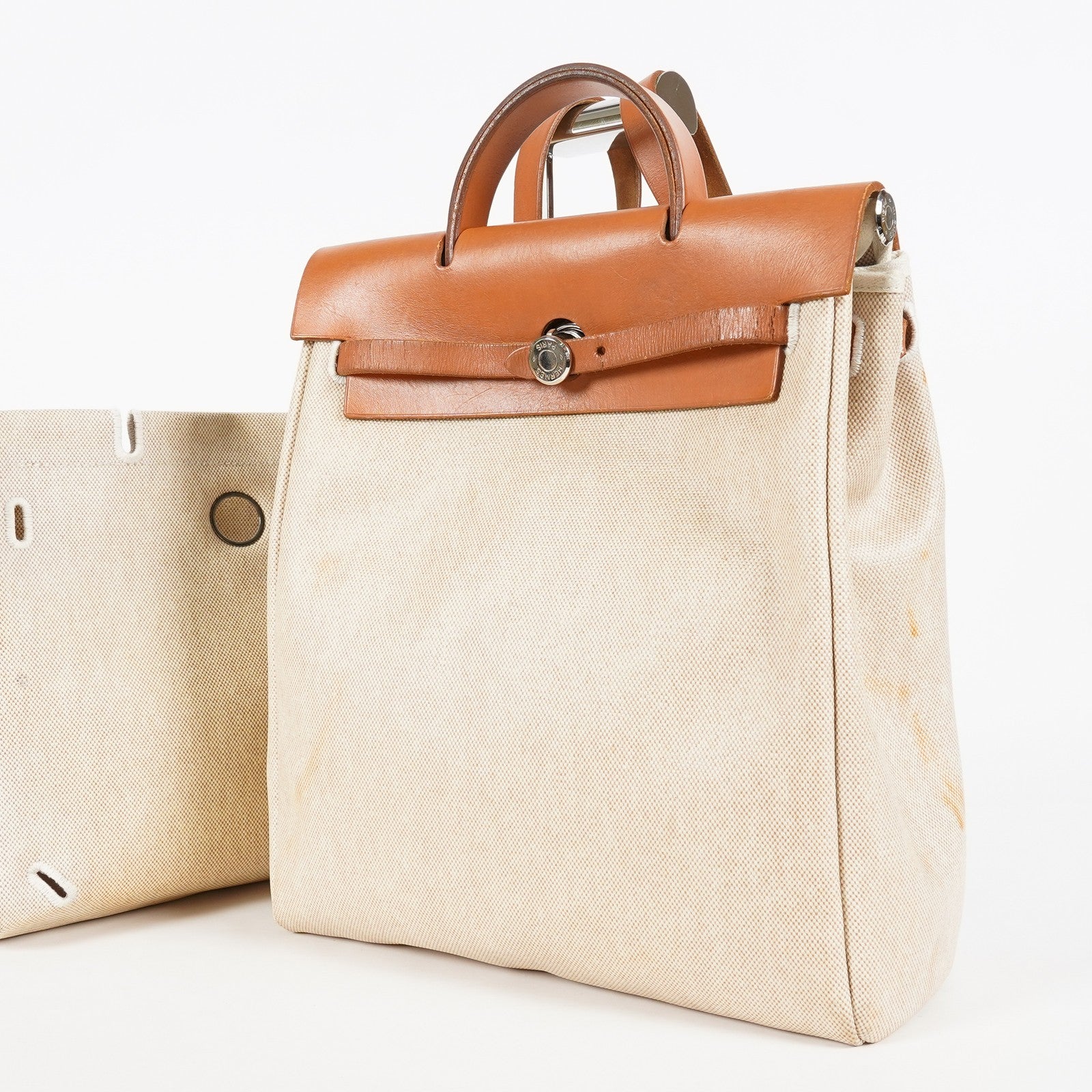 Hermes Herbag Ado PM Backpack Beige Canvas Leather 2way Bag Used 07E404730012