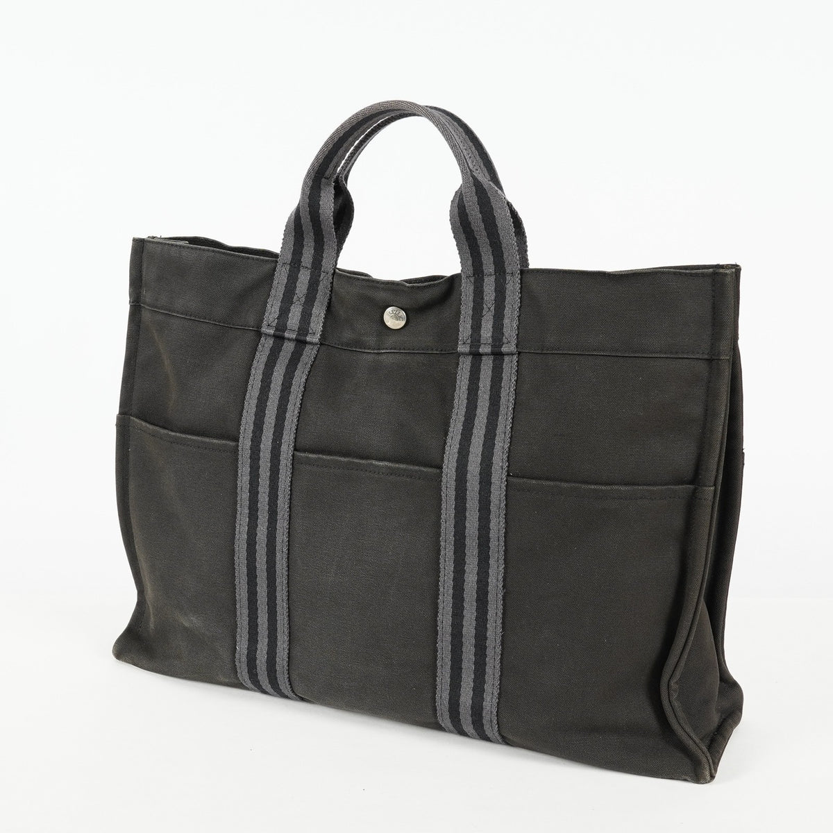 Hermes Fourre-Tout MM Black Canvas Leather Tote Bag Used Auth 09E02825011