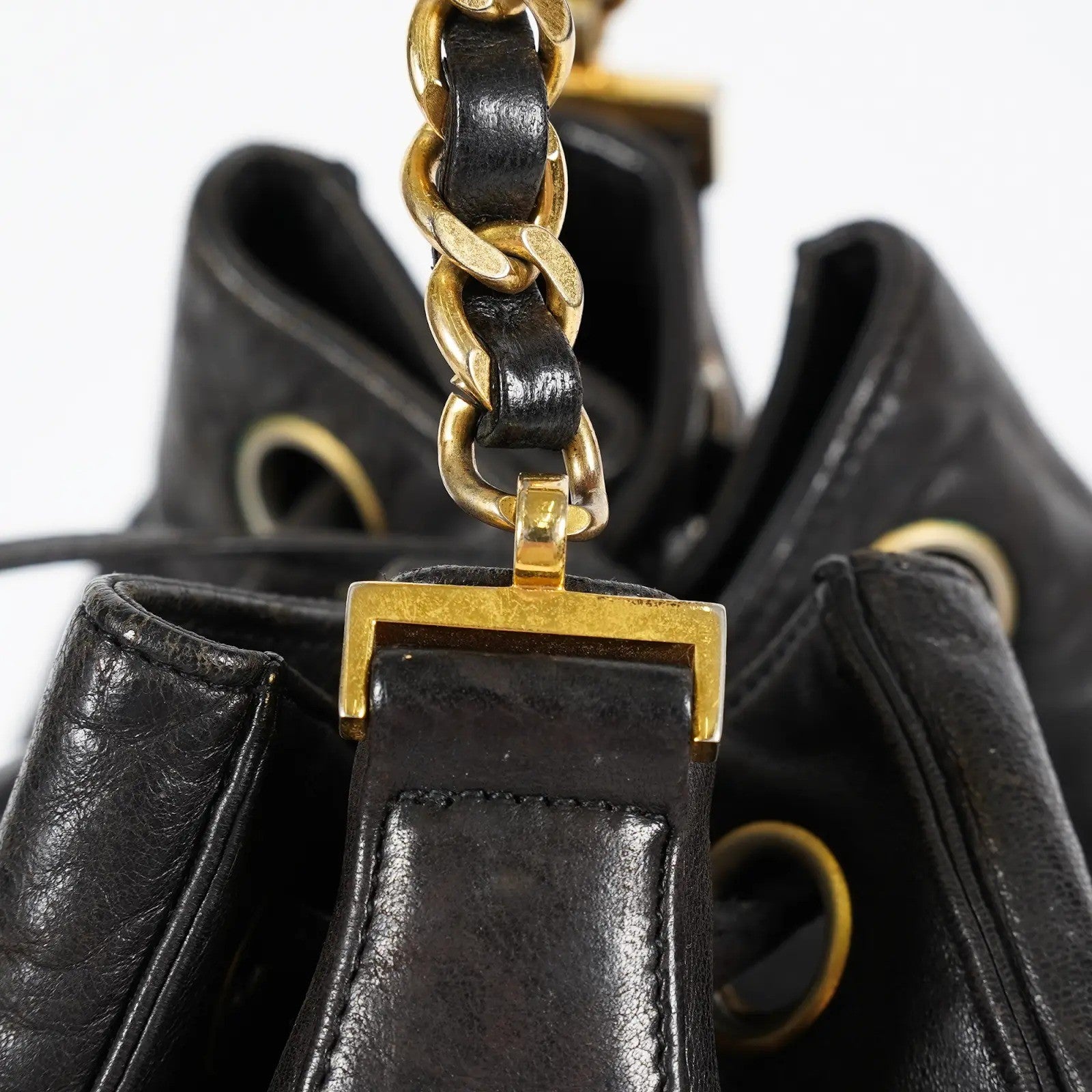 CHANEL Vintage CC Black Leather Drawstring Shoulder Bag 26cm Used 07E118580027