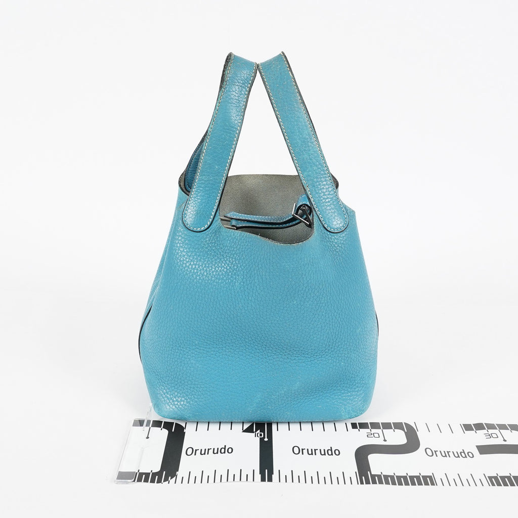 Hermes Picotin PM Hand Bag Blue Leather Silver Hardware Used 07E1018260027