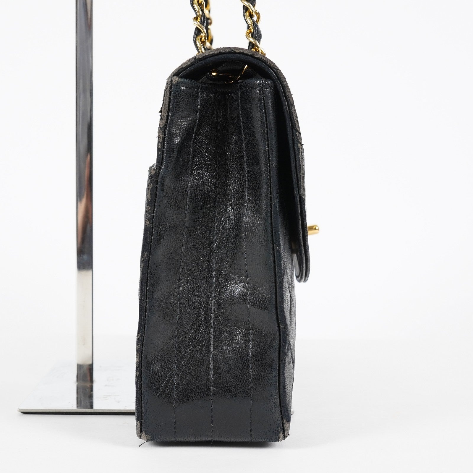 Chanel Matelasse Half Moon Flap Bag 25cm Black Quilted Chain Used 08E0717270006