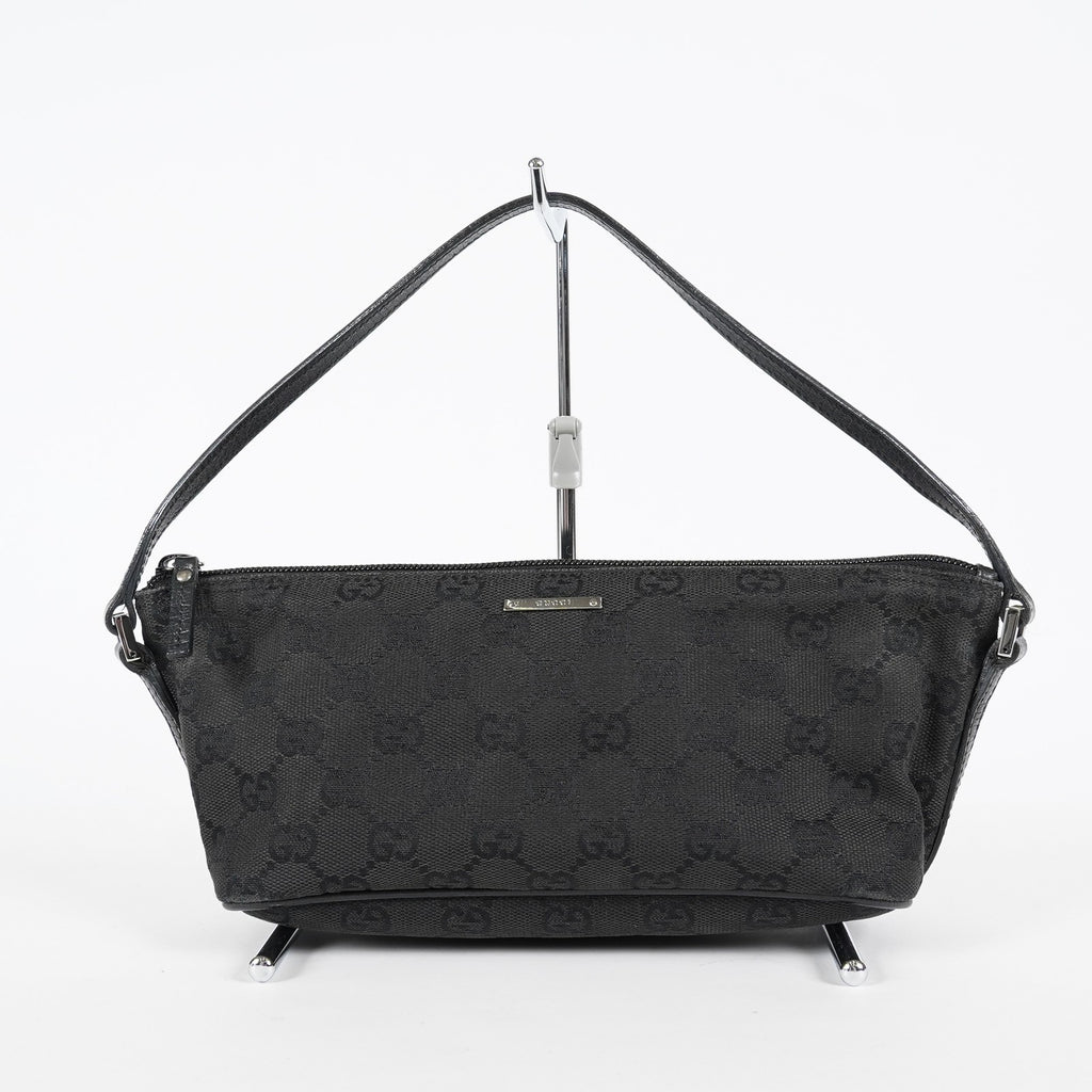 Gucci GG Canvas Boat Pochette 22cm Black Leather Trim Vintage Used 07E022310029