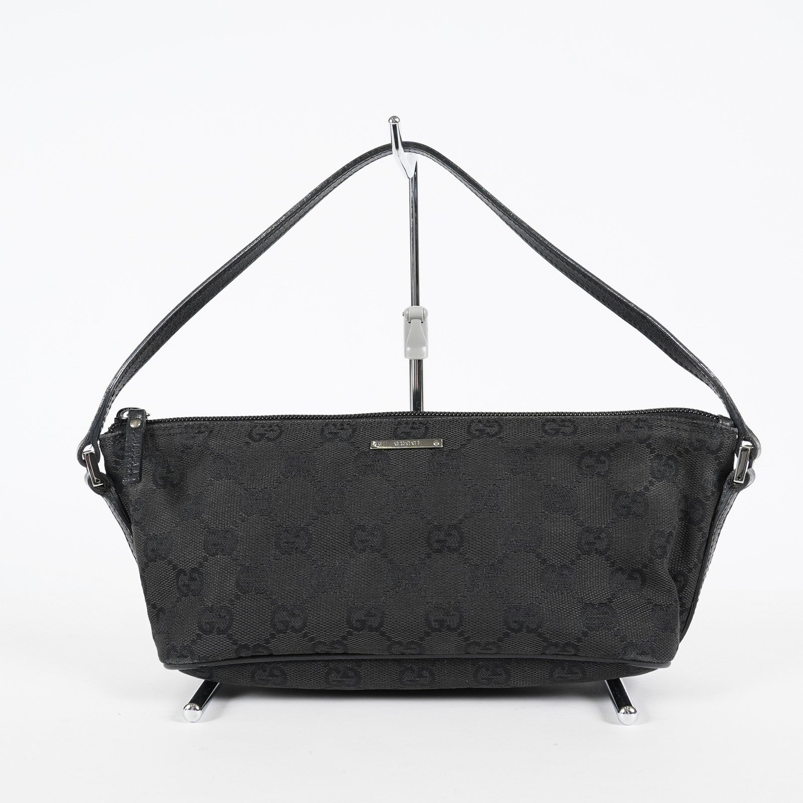 Gucci GG Canvas Boat Pochette 22cm Black Leather Trim Vintage Used 07E022310029