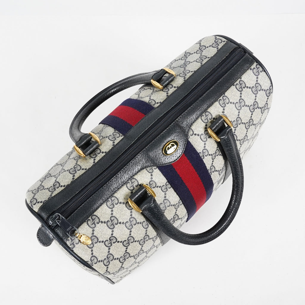 Gucci Vintage GG Supreme Sherry Web Mini Boston Bag Navy Leather 07E043410017