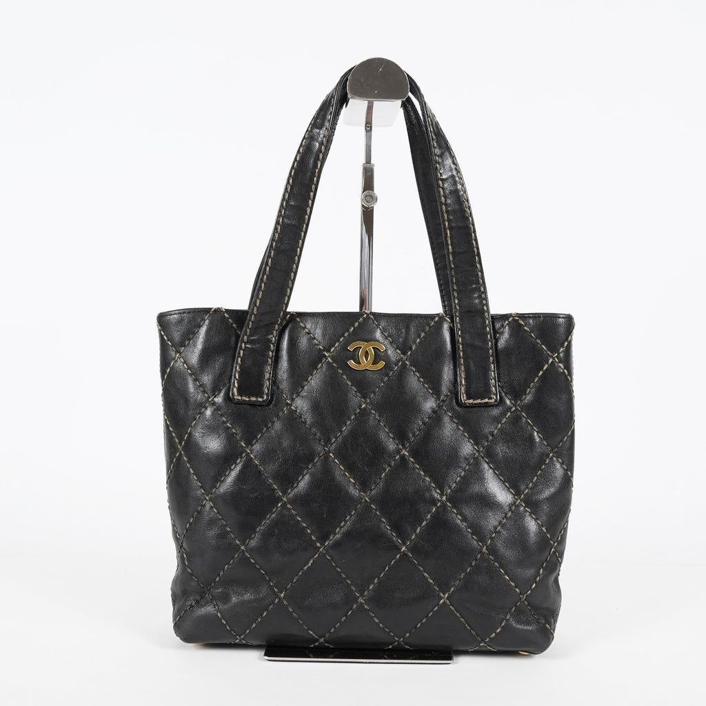 Chanel Wild Stitch Tote Bag Black Calfskin Leather CC Logo Used 07E077260010
