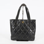 Chanel Wild Stitch Tote Bag Black Calfskin Leather CC Logo Used 07E077260010