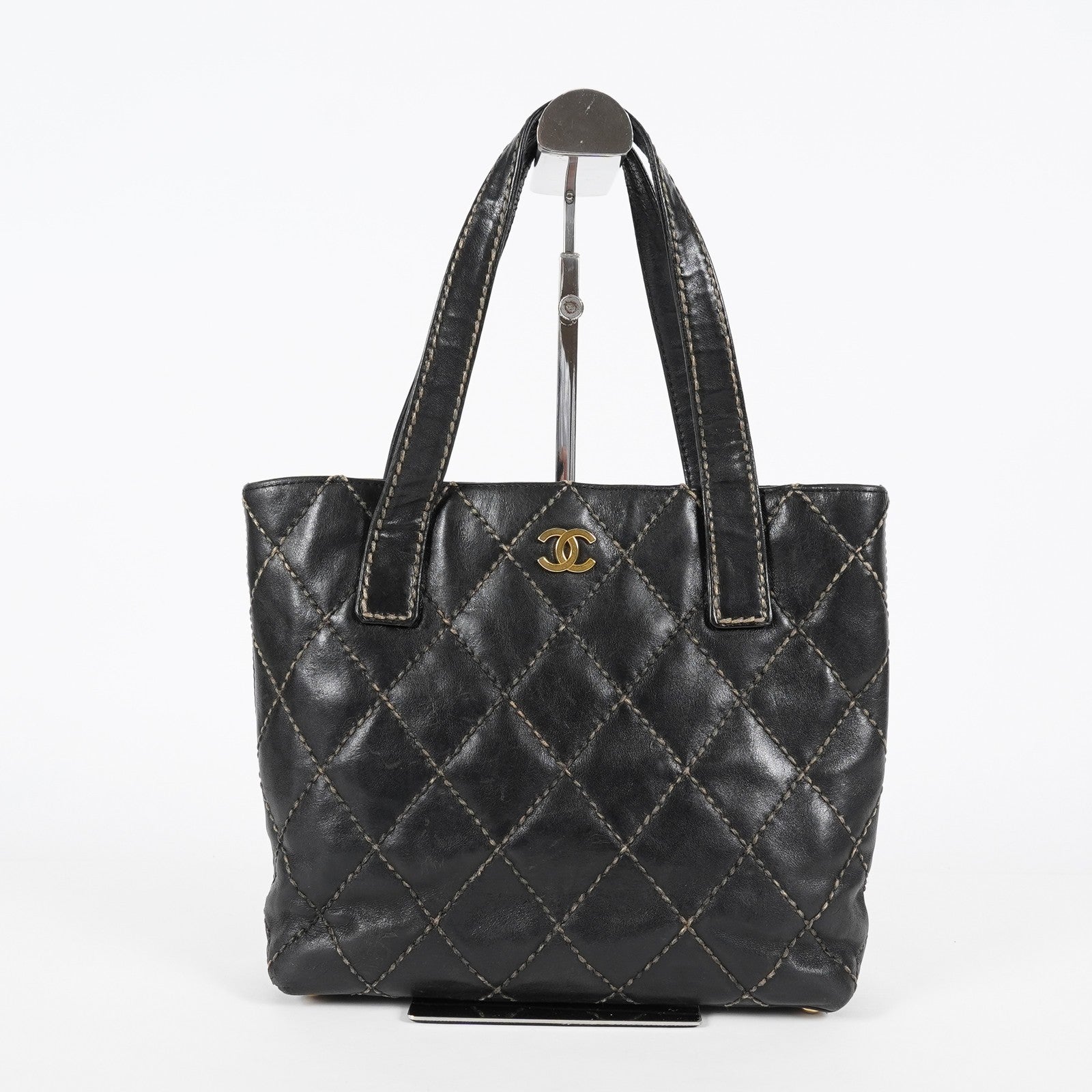 Chanel Wild Stitch Tote Bag Black Calfskin Leather CC Logo Used 07E077260010