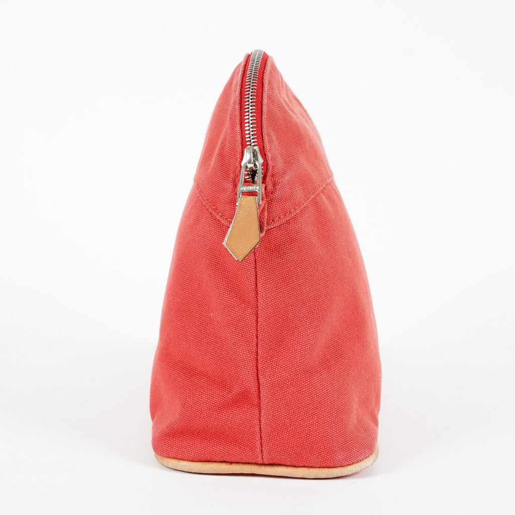 Hermes Bolide Pouch 27 Red Canvas Leather Trim Zip Cosmetic Bag Used 08E26825007