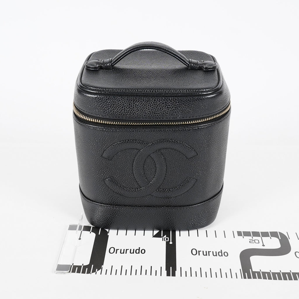 Chanel Caviar Skin Vanity Bag Top Handle 19cm Black Gold HW CC Used 08E066380006