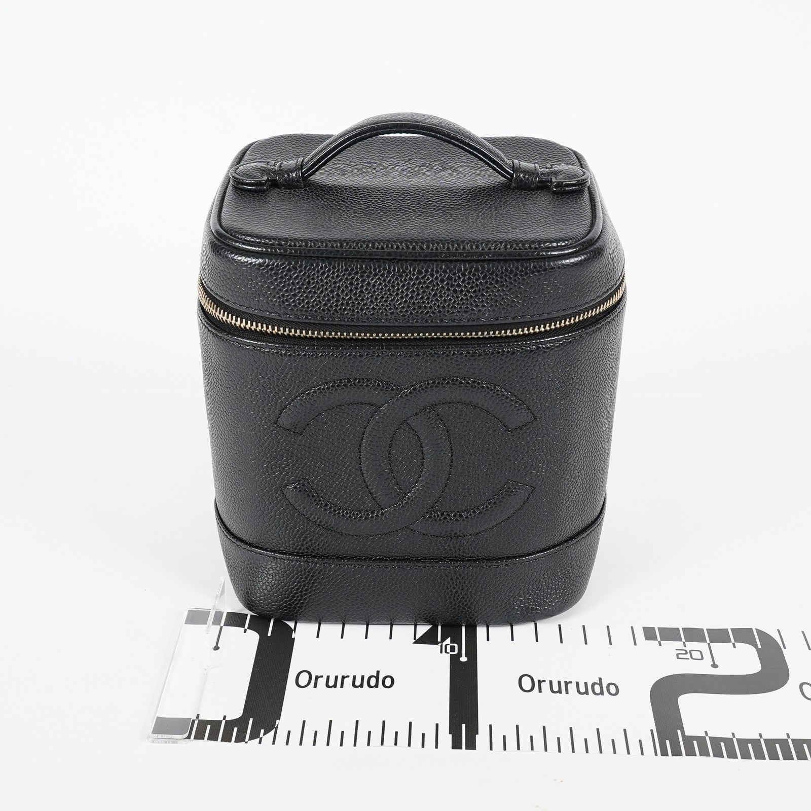 Chanel Caviar Skin Vanity Bag Top Handle 19cm Black Gold HW CC Used 08E066380006