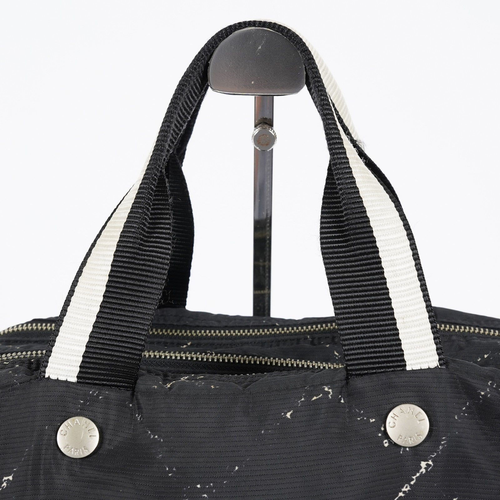 Chanel Travel Line Tote 26 Black Nylon Jacquard Hand Bag Used 07E131155015