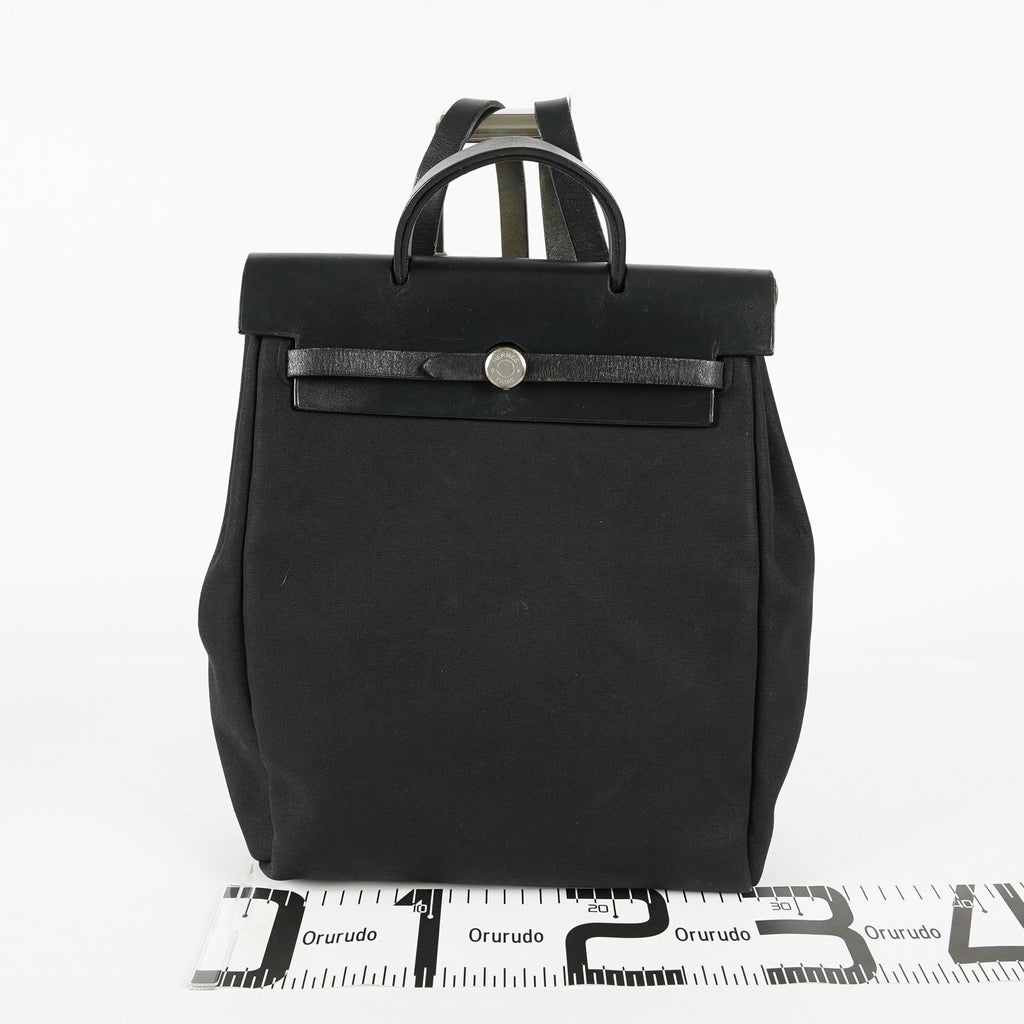 Hermes Herbag Ado Backpack 30cm Black Canvas Leather Used Auth 09E125940011
