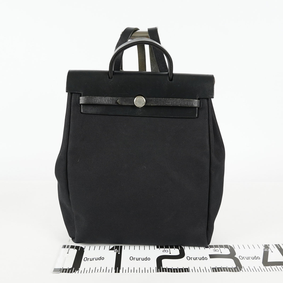 Hermes Herbag Ado Backpack 30cm Black Canvas Leather Used Auth 09E125940011
