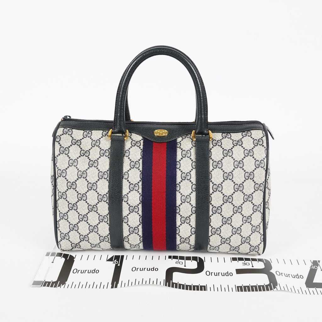 Gucci Sherry Line GG Supreme Boston Bag Navy Canvas Hand Bag Used 07E182860015