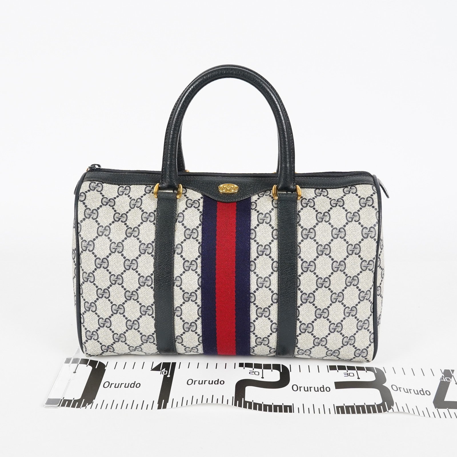 Gucci Sherry Line GG Supreme Boston Bag Navy Canvas Hand Bag Used 07E182860015