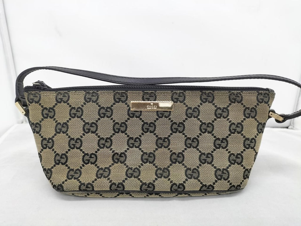 GUCCI GG Canvas Accessory Pouch Beige Black Leather Vintage Handbag 08O102330024