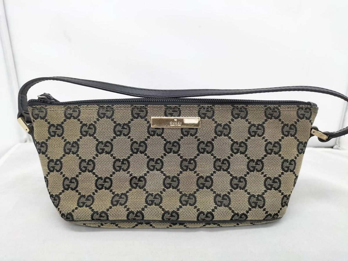 GUCCI GG Canvas Accessory Pouch Beige Black Leather Vintage Handbag 08O102330024