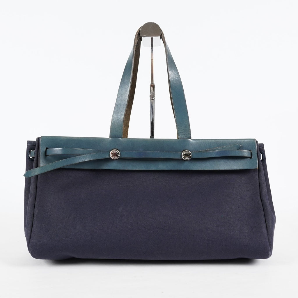 Hermes Herbag Cabas MM Navy Canvas Blue Leather Tote Hand Bag Used 08E043960012