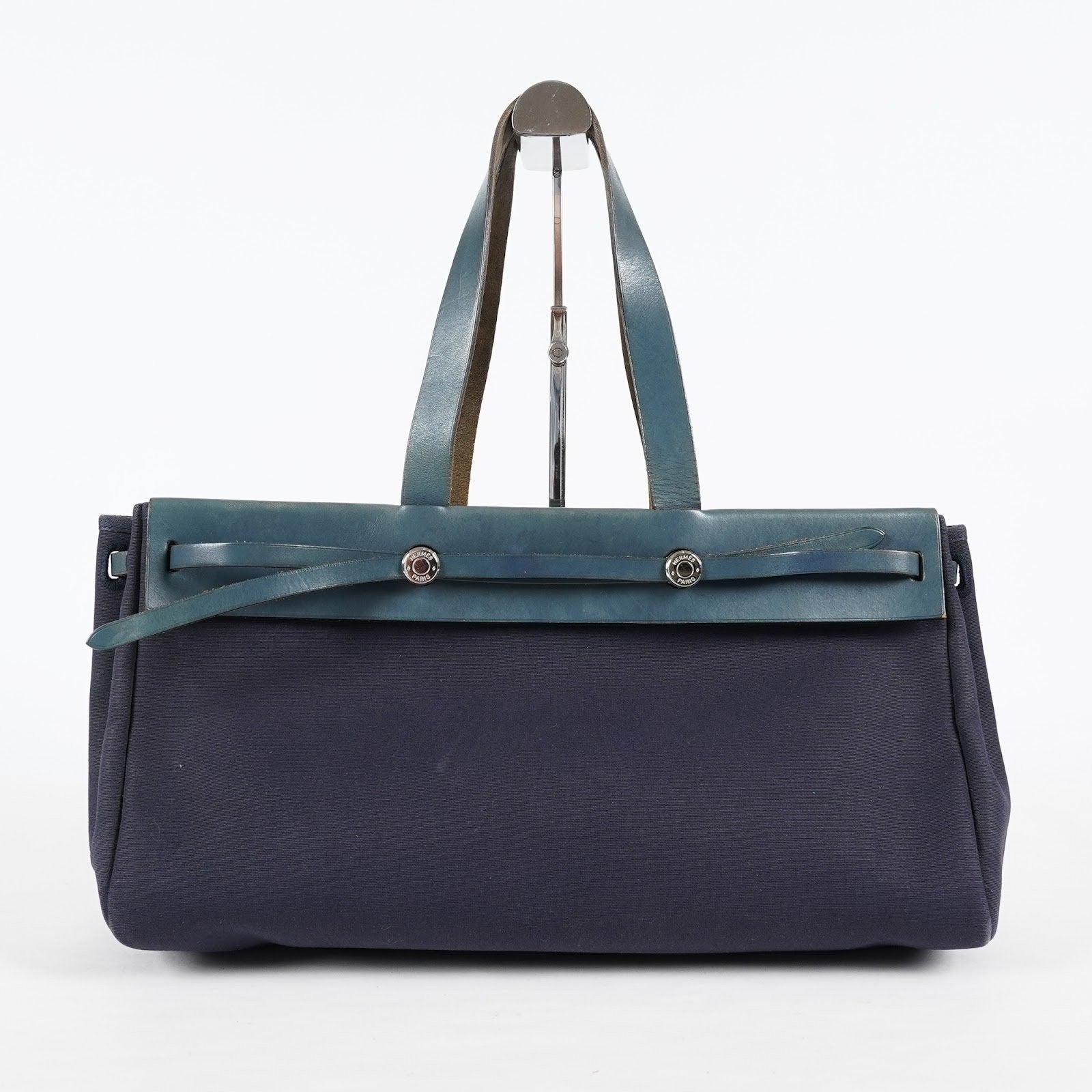 Hermes Herbag Cabas MM Navy Canvas Blue Leather Tote Hand Bag Used 08E043960012