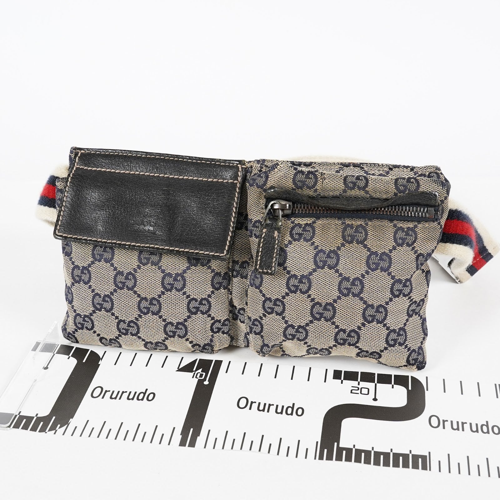 GUCCI GG Canvas Waist Belt Bag Beige Navy Sherry Web Vintage Used 08E162530010