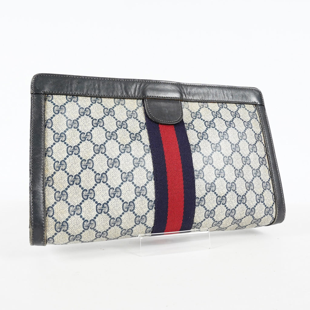 Gucci Clutch Bag Navy GG Canvas Leather Used Pouch Second Bag 09M441019708