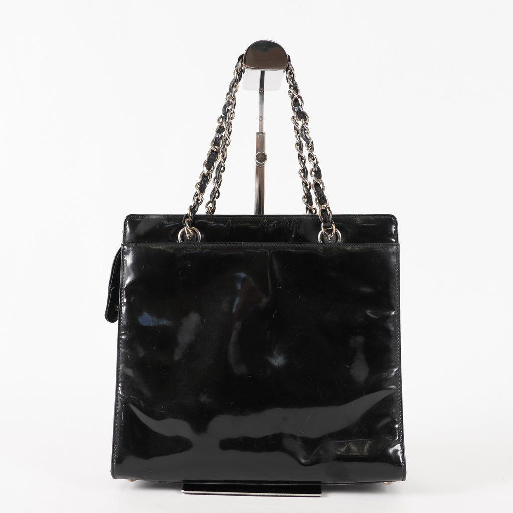 CHANEL CC Logo Chain Shoulder Tote Bag Patent Leather Vintage Black 03E255170011