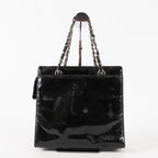 CHANEL CC Logo Chain Shoulder Tote Bag Patent Leather Vintage Black 03E255170011