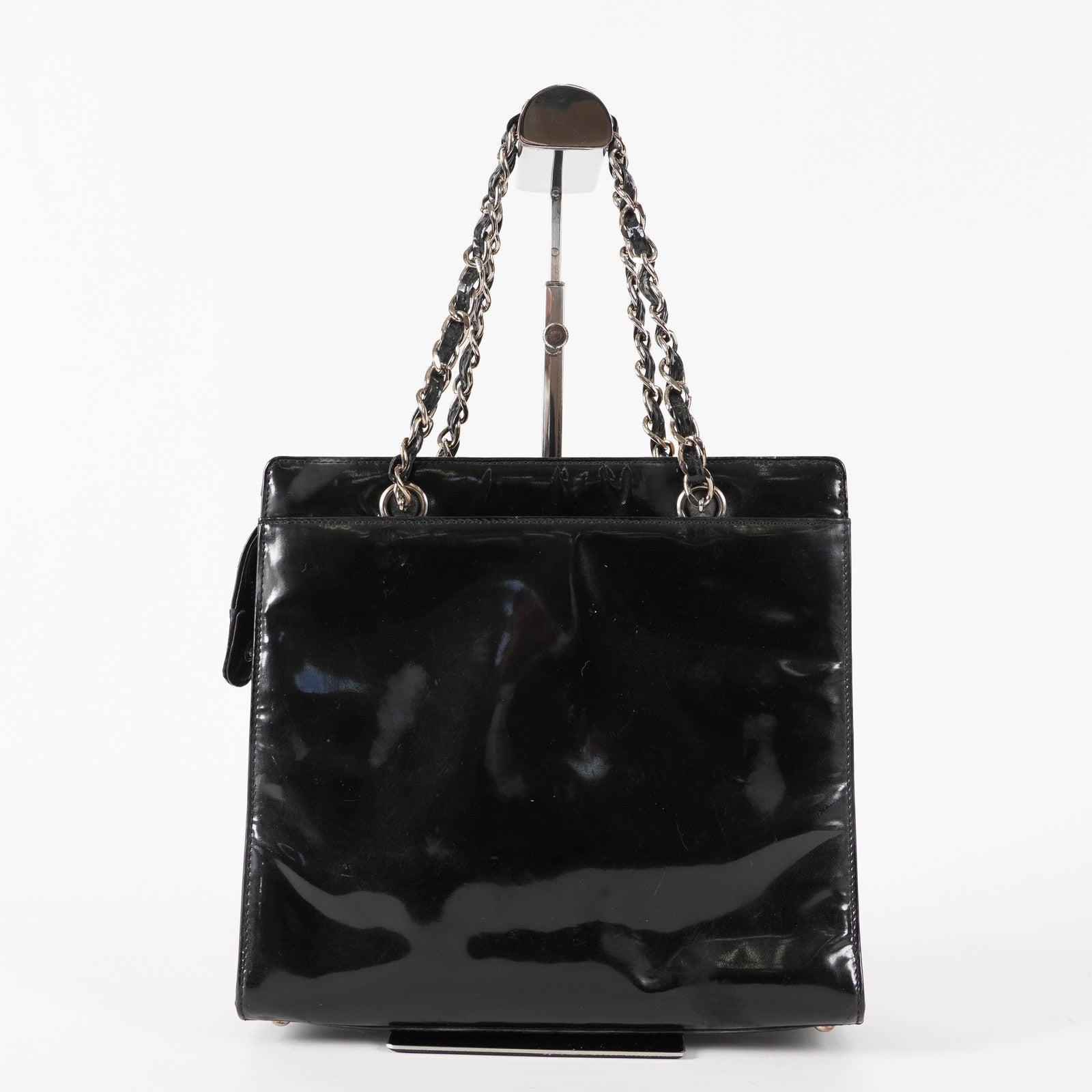 CHANEL CC Logo Chain Shoulder Tote Bag Patent Leather Vintage Black 03E255170011