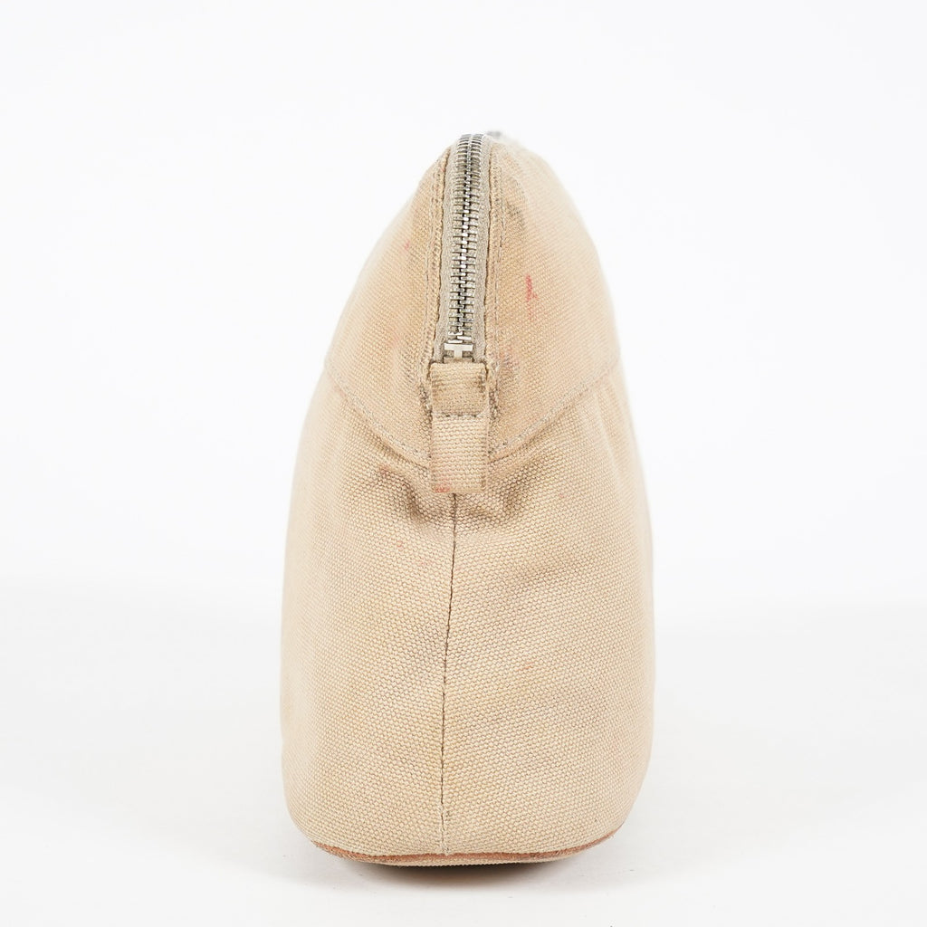 Hermes Bolide Pouch 21 Beige Canvas Leather Cosmetic Pouch Used 08E23495007