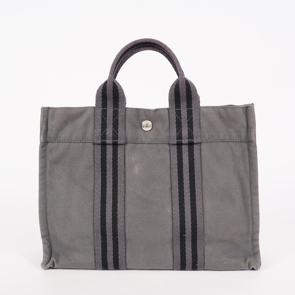 Hermes Fourre-Tout PM Tote Bag Gray Canvas Black Stripe Used Vintage 06E01825030