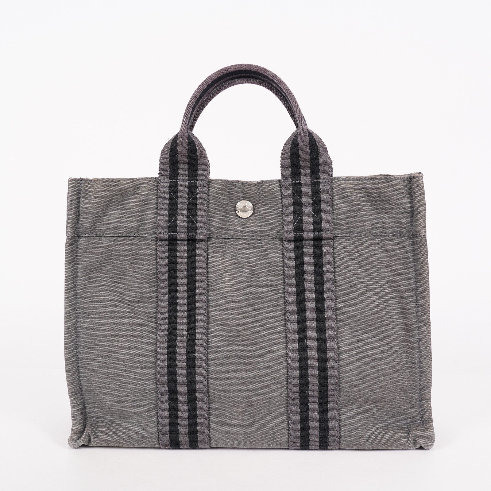 Hermes Fourre-Tout PM Tote Bag Gray Canvas Black Stripe Used Vintage 06E01825030
