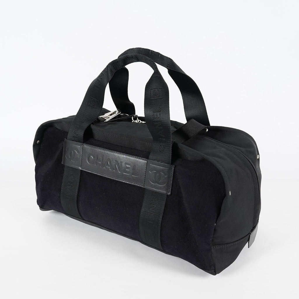 CHANEL Sports Line Boston Bag 40cm Black Canvas Used Vintage Duffle 07E186930027