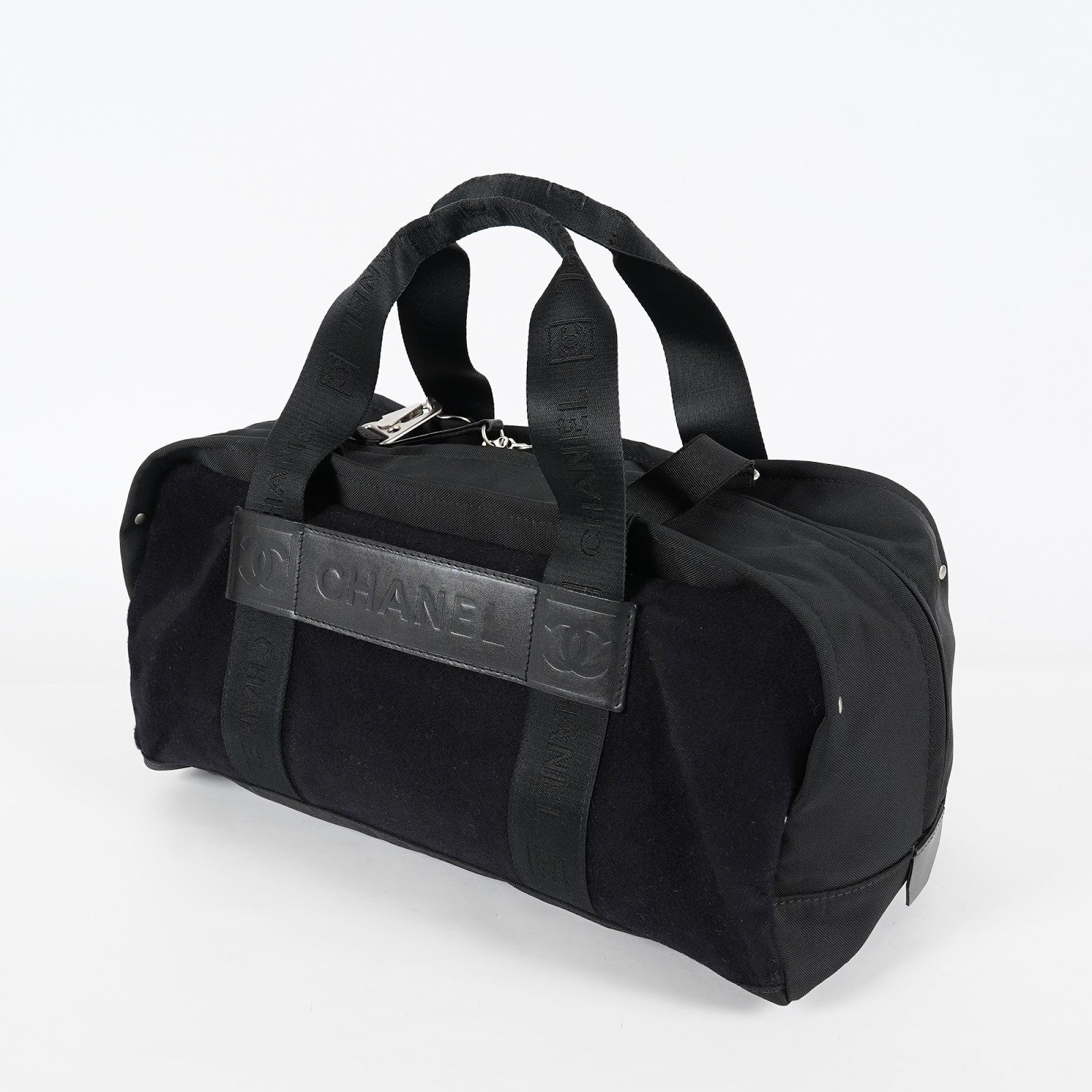 CHANEL Sports Line Boston Bag 40cm Black Canvas Used Vintage Duffle 07E186930027