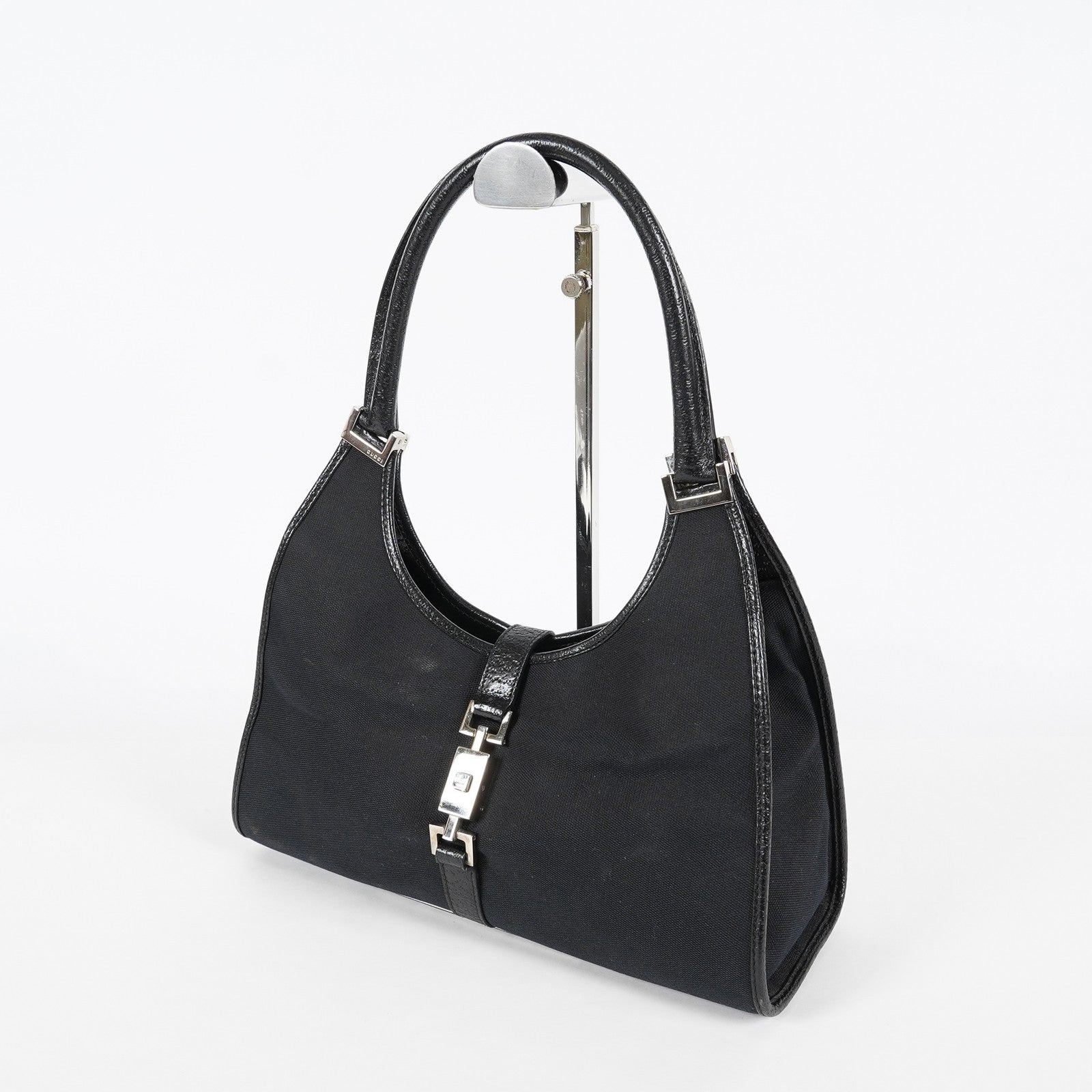 Gucci Jackie Vintage Handbag Shoulder Bag 30cm Black Canvas Leather 07E153190009