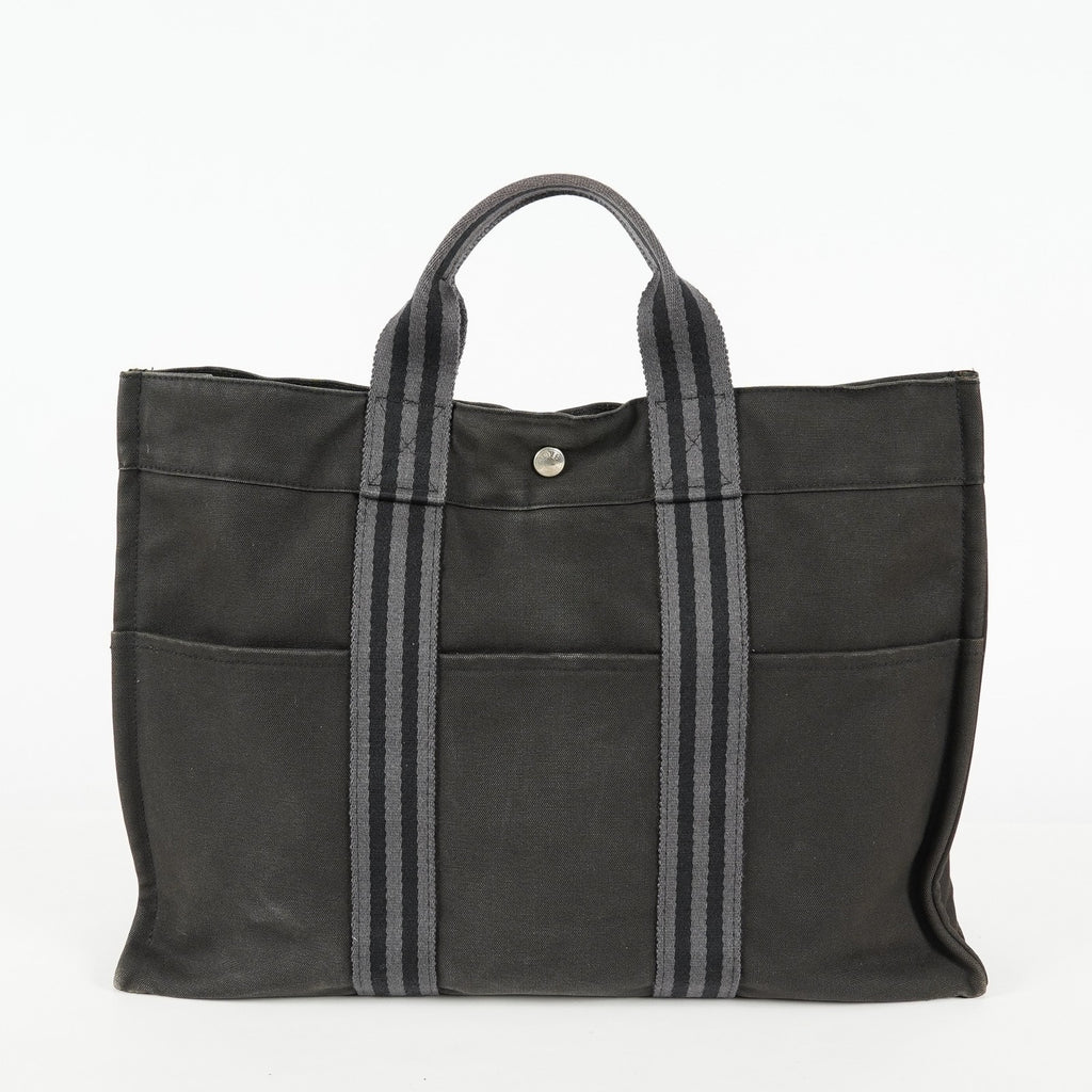Hermes Fourre-Tout MM Black Canvas Leather Tote Bag Used Auth 09E02825011