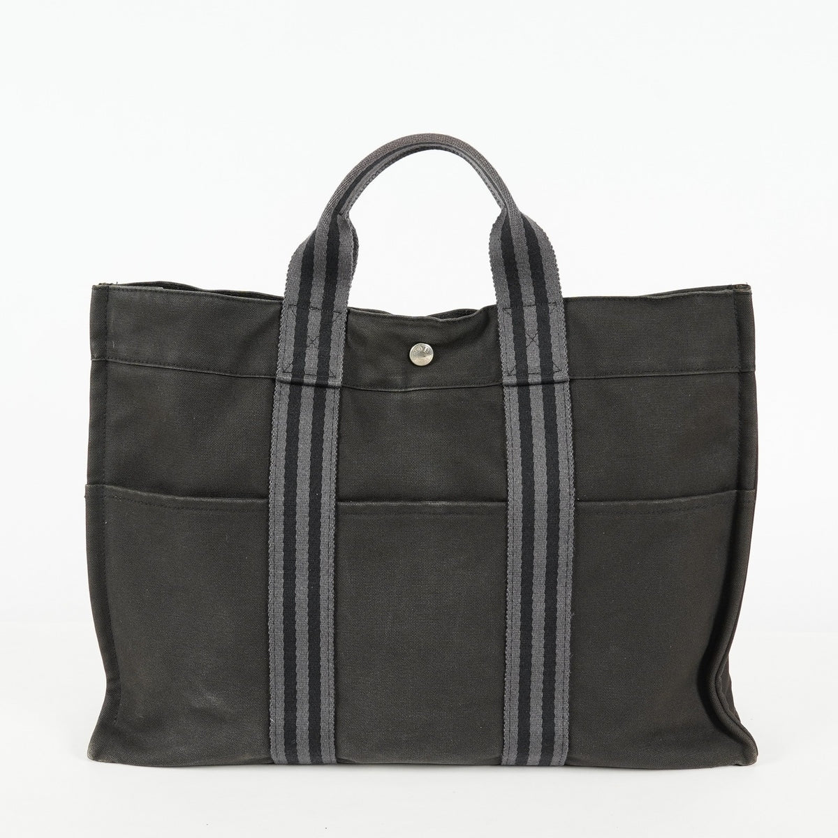 Hermes Fourre-Tout MM Black Canvas Leather Tote Bag Used Auth 09E02825011