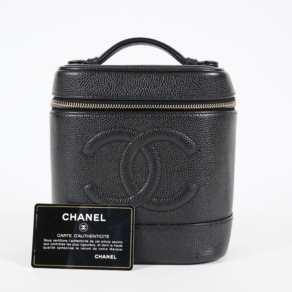 Chanel Caviar Skin Vanity Bag Top Handle 19cm Black Gold HW CC Used 08E066380006