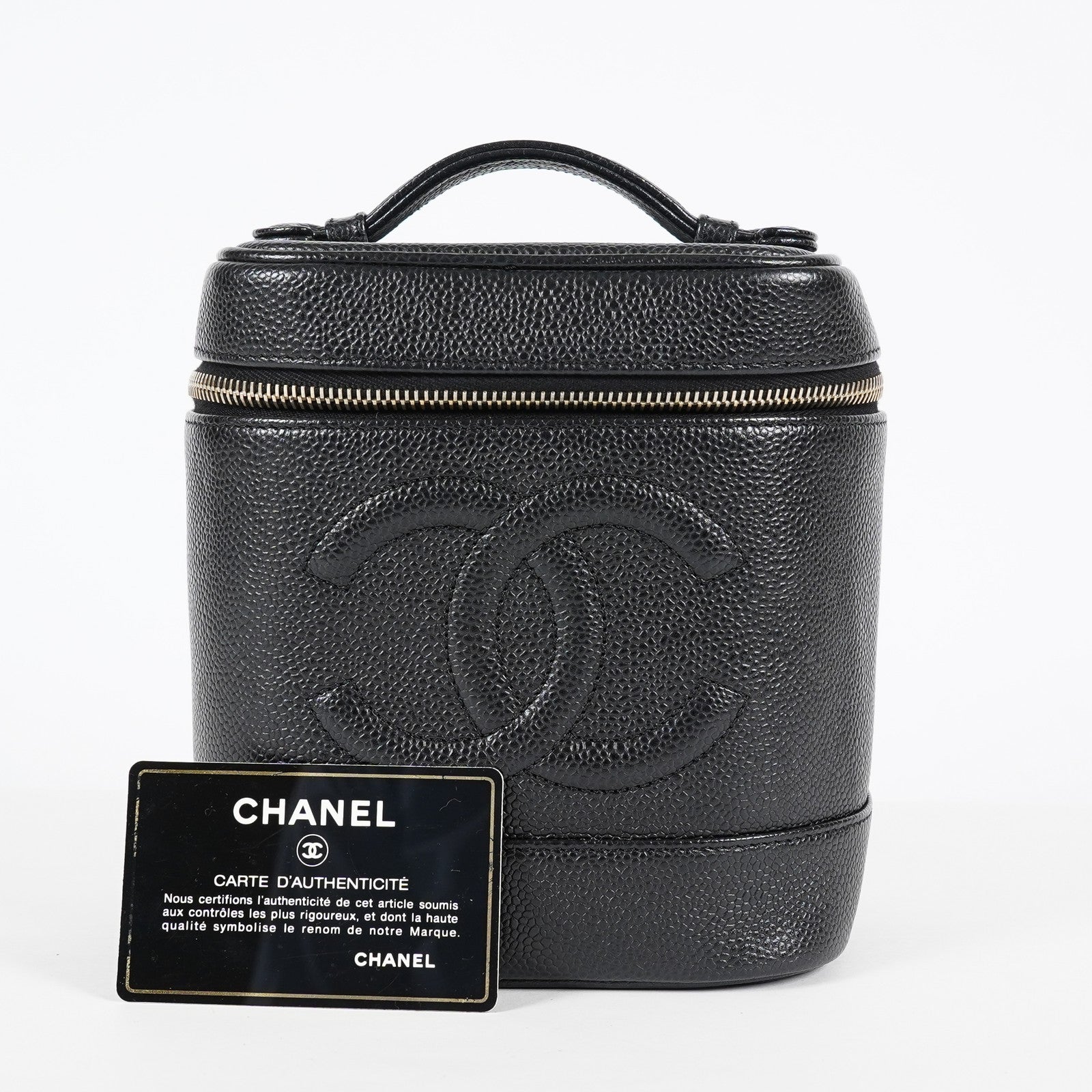 Chanel Caviar Skin Vanity Bag Top Handle 19cm Black Gold HW CC Used 08E066380006