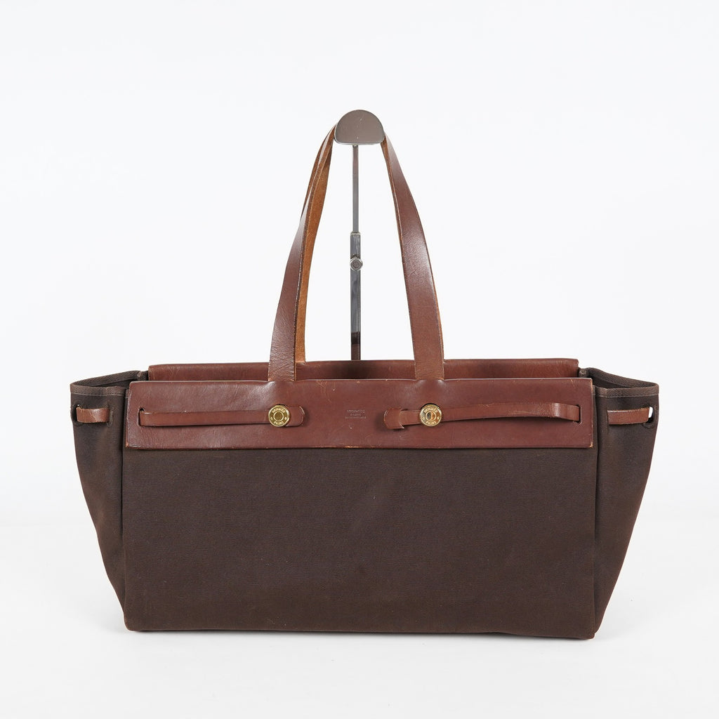HERMES Herbag Cabas PM Brown Canvas & Leather Tote Bag Used Vintage 07A185720031