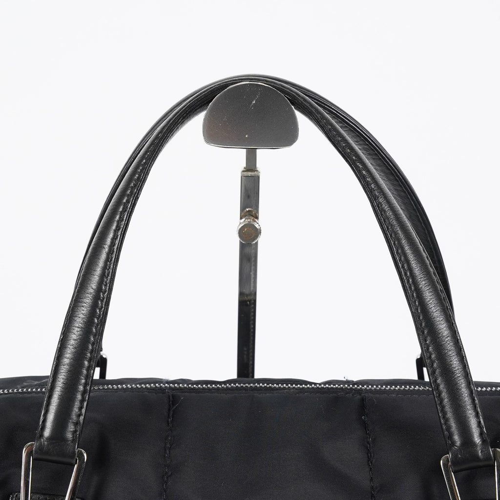 CHANEL Chocolate Bar Nylon Mini Boston Handbag Black Silver HW Used 07E314180008