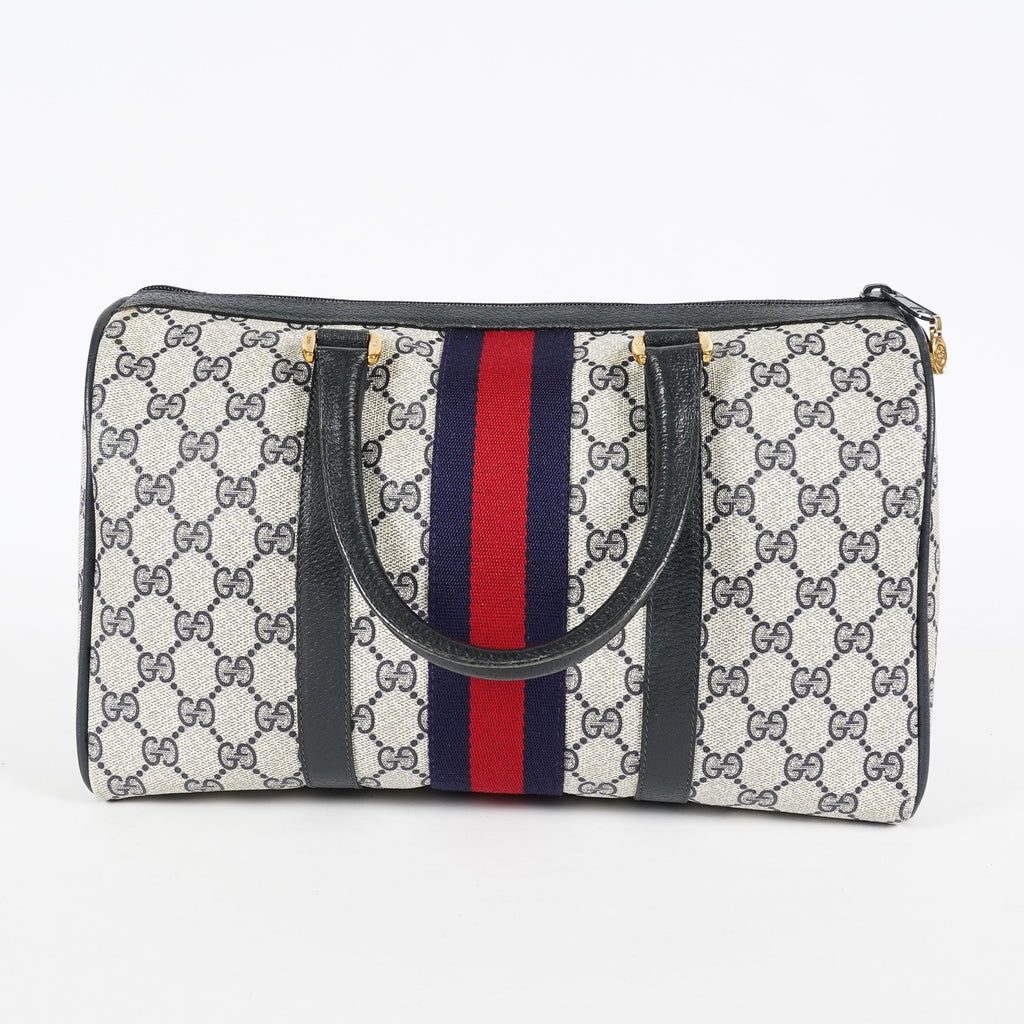 Gucci Sherry Line GG Supreme Boston Bag Navy Canvas Hand Bag Used 07E182860015