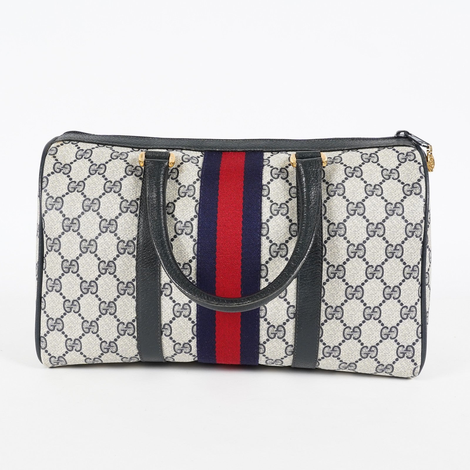 Gucci Sherry Line GG Supreme Boston Bag Navy Canvas Hand Bag Used 07E182860015