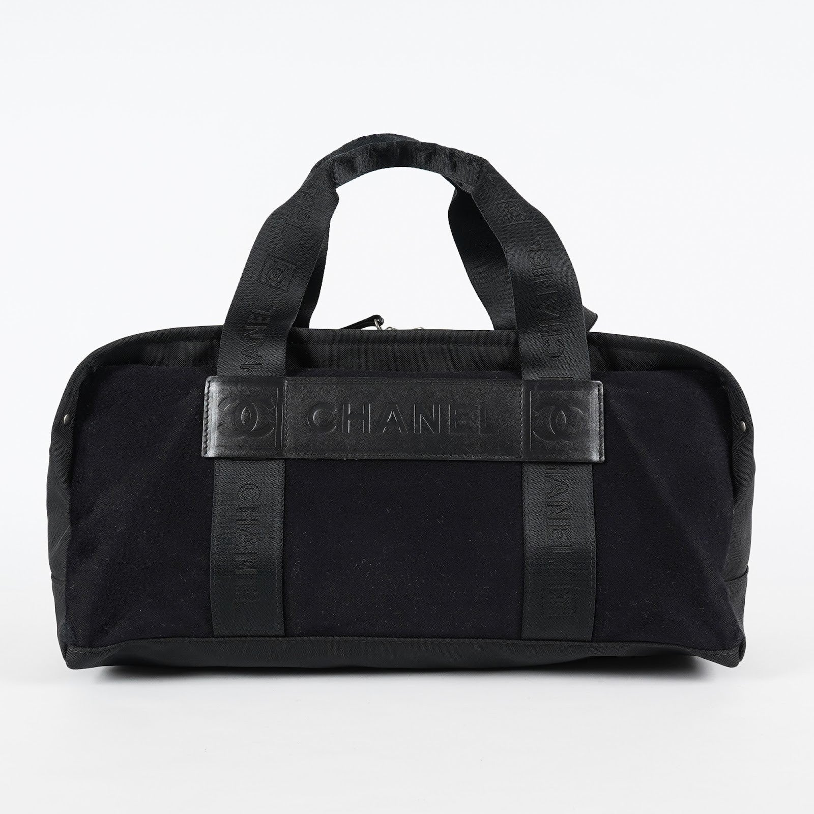 CHANEL Sports Line Boston Bag 40cm Black Canvas Used Vintage Duffle 07E186930027