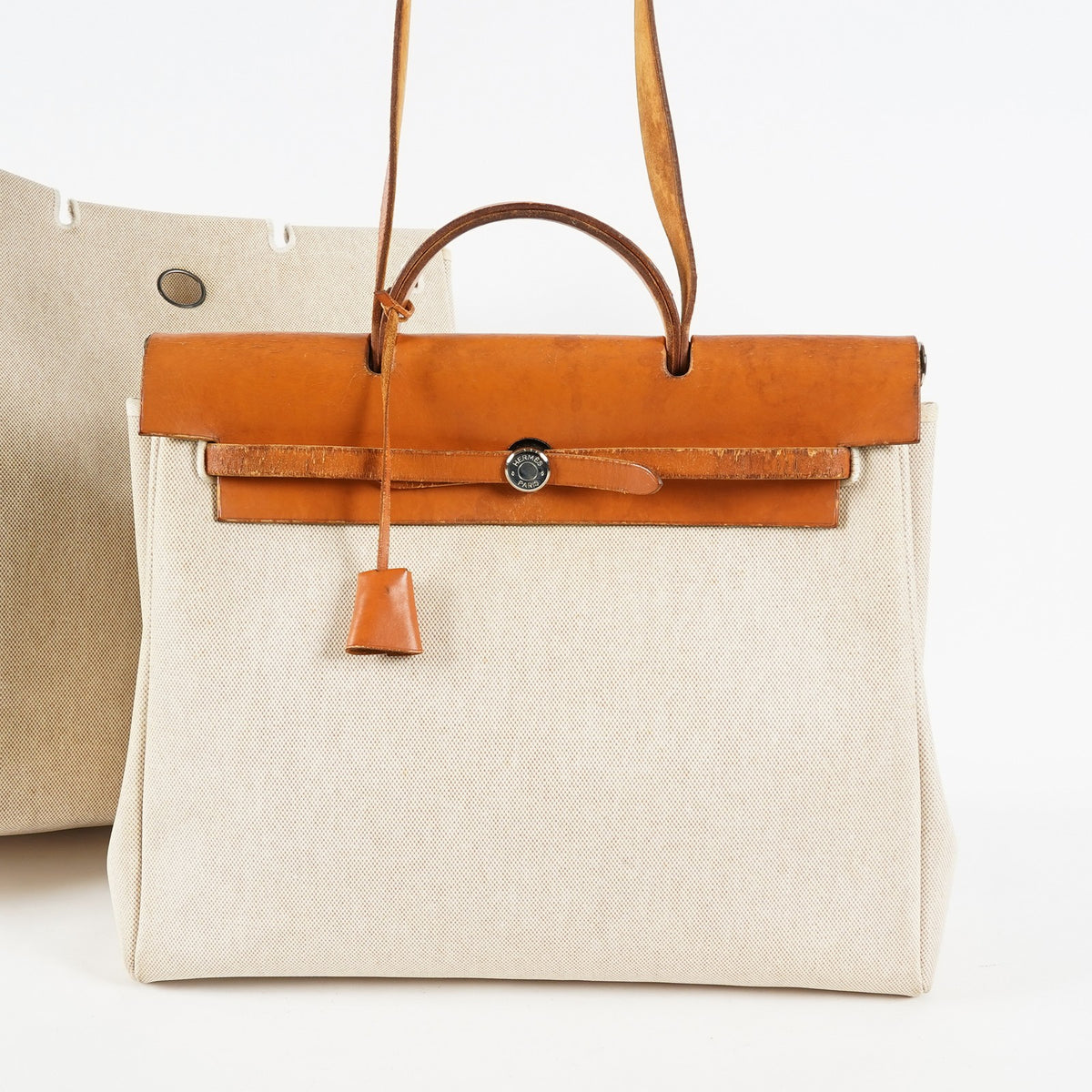 Hermes Herbag MM Beige Canvas Leather 2way Shoulder Handbag Used 09E185940006